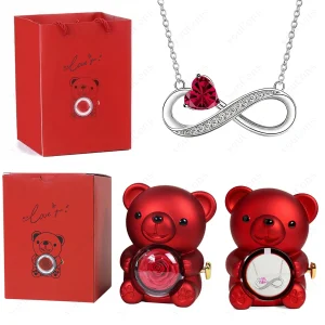 Teddy Bear Gift Box with Rotating Rose Jewelry Box & Necklace – Romantic Valentine’s Day Gift for Her