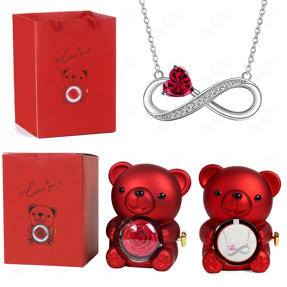 Teddy Bear Gift Box with Rotating Rose Jewelry Box & Necklace – Romantic Valentine’s Day Gift for Her