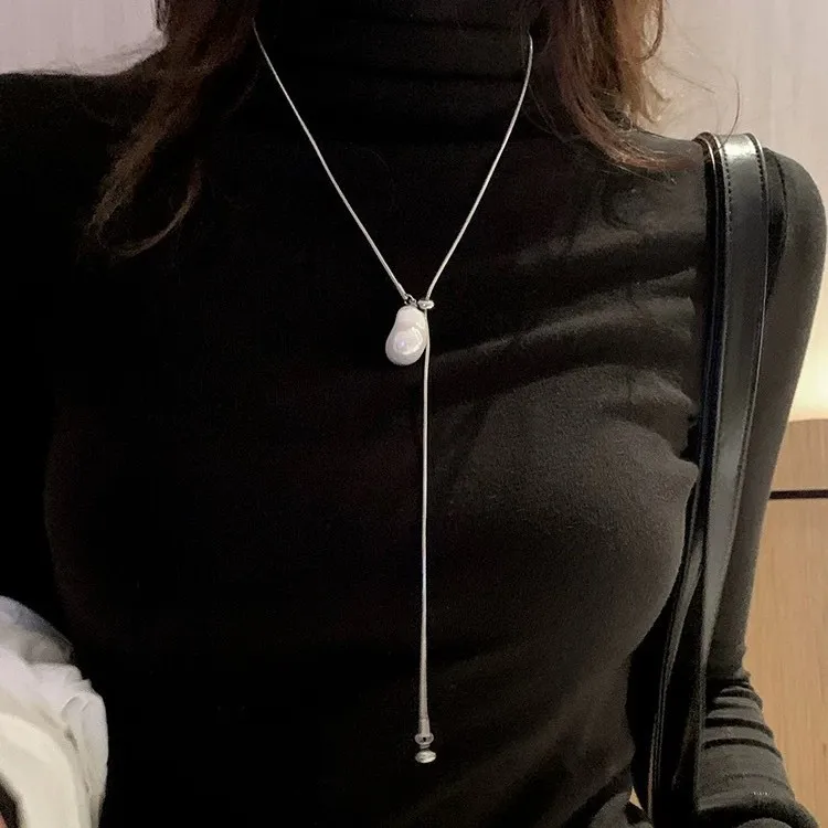 lats stainless steel long with baroque pearls necklace for women adjustable chain sweater accessories fashion jewelry lats stainless steel long with baroque pearls necklace for women adjustable chain sweater accessories fashion jewelry