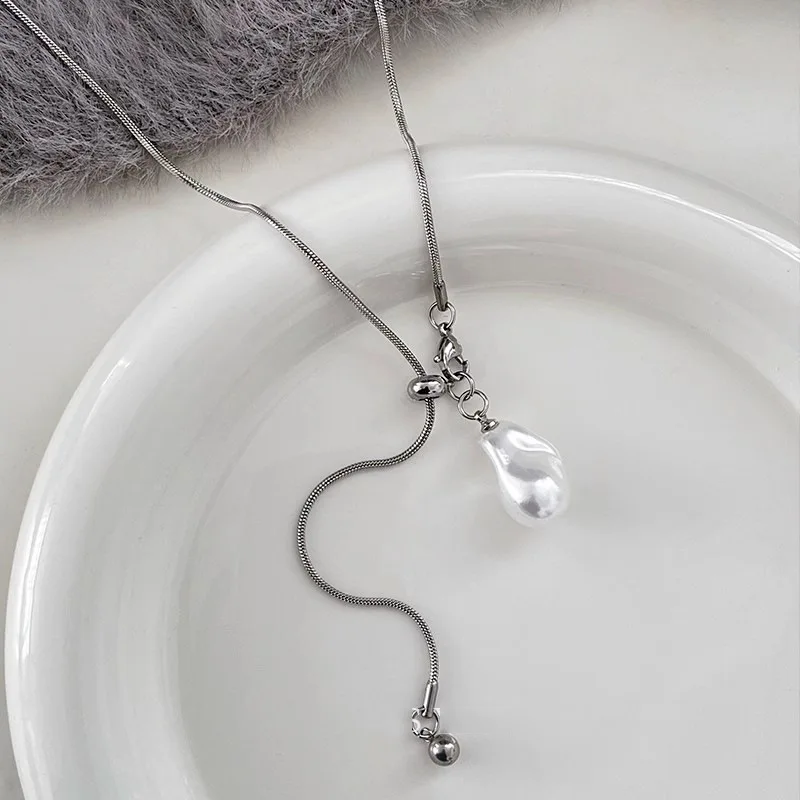 lats stainless steel long with baroque pearls necklace for women adjustable chain sweater accessories fashion jewelry lats stainless steel long with baroque pearls necklace for women adjustable chain sweater accessories fashion jewelry