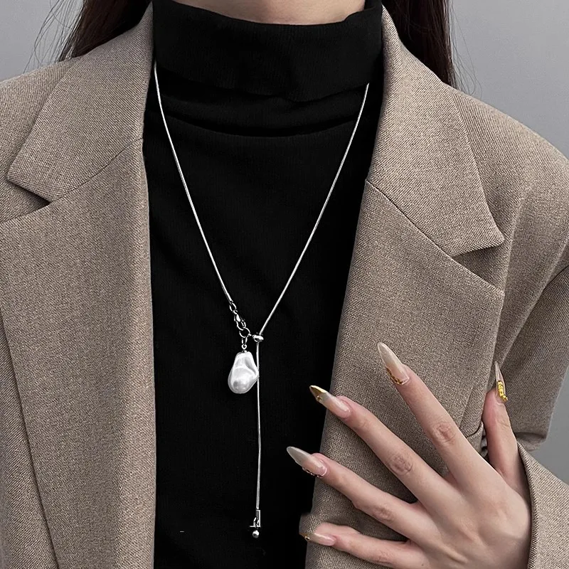 lats stainless steel long with baroque pearls necklace for women adjustable chain sweater accessories fashion jewelry lats stainless steel long with baroque pearls necklace for women adjustable chain sweater accessories fashion jewelry
