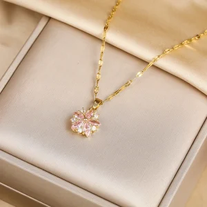 new cute romantic pink sakura pendant stainless steel necklaces for women korean fashion female sexy clavicle chain jewelry gift