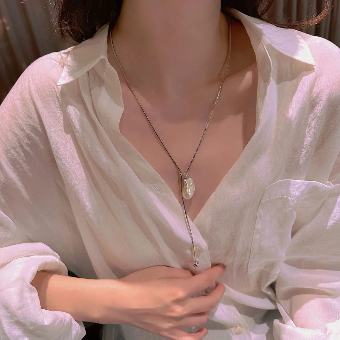 lats stainless steel long with baroque pearls necklace for women adjustable chain sweater accessories fashion jewelry lats stainless steel long with baroque pearls necklace for women adjustable chain sweater accessories fashion jewelry