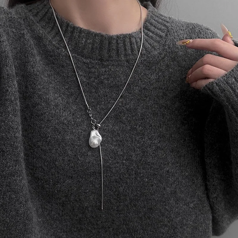 lats stainless steel long with baroque pearls necklace for women adjustable chain sweater accessories fashion jewelry lats stainless steel long with baroque pearls necklace for women adjustable chain sweater accessories fashion jewelry