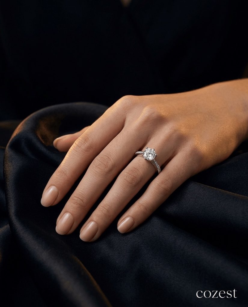 Six-claw solitaire silver ring resting on dark satin